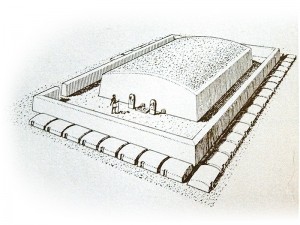  Abydos reconstitution de la tombe de la reine Merneith avec deux stèles Mer.