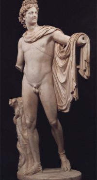 Léocharès attribué à, Apollon dit « du Belvédère », copie en marbre d’une statue en bronze v. 330 av. J-C.;  2,24 m (h), Époque romaine, Rome, Musée du Vatican, cour octogonale du Belvédère, inv. 1015.