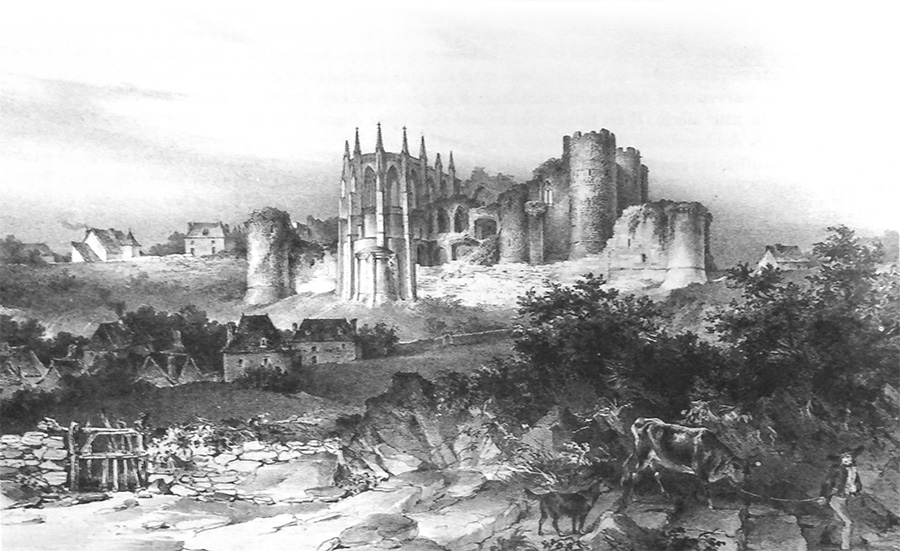 Les ruines du château en 1834. Lithographie de Tudot d'après Dufour, publiée par Desrosiers (Archive du Patrimoine).
